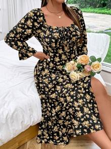 Breezaya Plus Size Women Summer Holiday Style Sweetheart Neckline Flared Cuff Front Tie Side Slit Maxi Elegant Dress