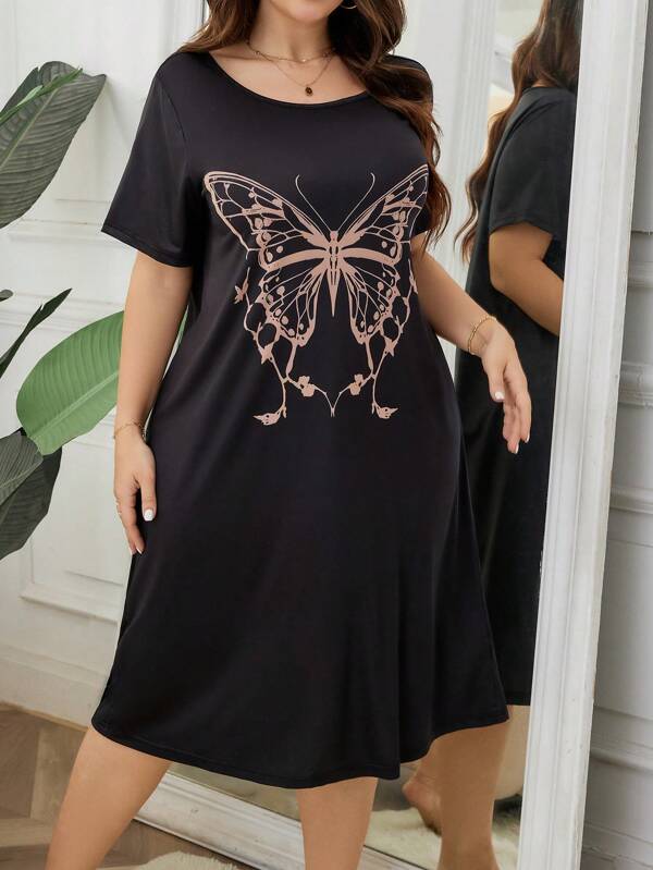 Vestido de pijama con estampado de mariposa de cuello redondo y manga corta para mujer de talla grande, Moo Moo