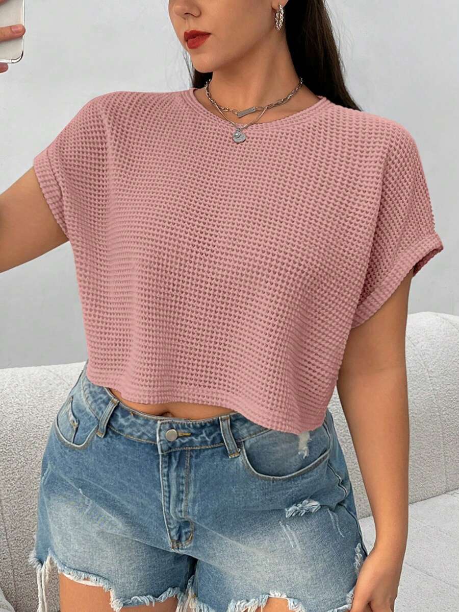 Solflare Áo thun dệt kim tay ngắn Plus màu be cho nữ - Màu Hồng baby - Xem 1