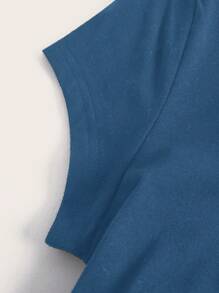 SHEIN EZwear Đầm thời trang nữ mùa hè màu trơn cổ tròn tay ngắn xếp nếp Bodycon - Màu xanh lam - Xem 6