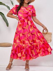 SHEIN Clasi Plus Size Boho Color Block Patchwork Pattern Swing Dress For Vacation & Leisure Women Outfit, For Summer - Multicolor - View 8