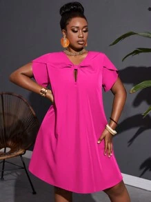 Slaydiva Plus Size Loose Fit Solid Color A-Line Twill Vacation Casual Dress With Non-Elastic Weave And Knot Detail For Women