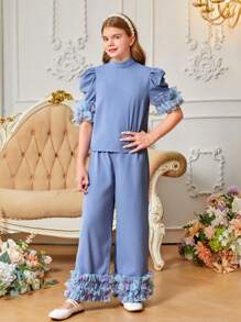 SHEIN Tween Girl Cute Blue Two Pieces Set With 3D Frill Decoration Puff Sleeve Shirt And Long Pants - Blue - View 4