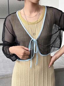 FRIFUL Top transparent à manches longues pour femmes avec empiècement en filet ajouré et nœud devant
