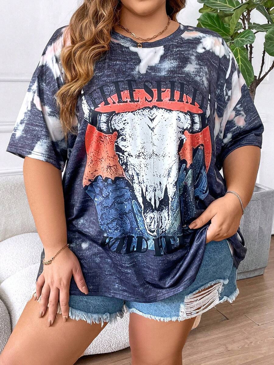 SHEIN CURVE+ 大碼女性夏季字母染色圓領短袖休閒T恤 - 彩色 - 查看 1