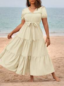 Breezaya Plus Size V-Neck Belted Vacation Style Solid Color Minimalist Dress For Spring And Summer