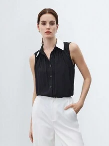 BizChic Women's Sleeveless Loose Flowing Contrast Color Blouse - Black - View 5