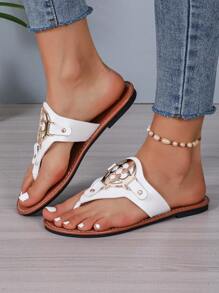 Women's Round Buckle Flat Sandals Slippers Flip Flops Solid Color Open Toe Non-Slip Slippers, Outdoor And Indoor - White - View 2