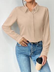 Selianne Women Plain Casual Daily Simple Spring And Summer Shirt,Long Sleeve Tops Fall Cloth For Women - Khaki - View 6