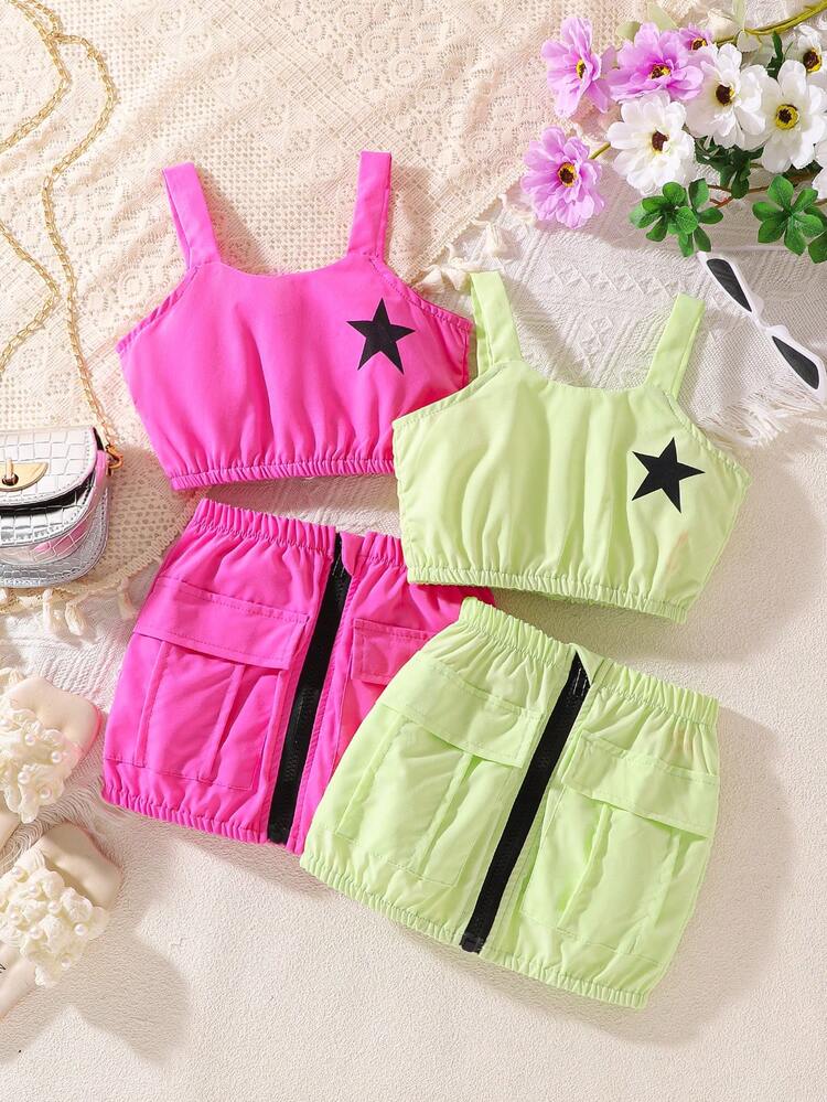 Baby Girl Fashionable Summer Set, Including Top And Skirt, 2pcs/Set