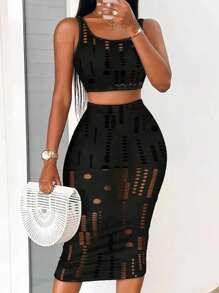Slaydiva Women Summer Hollow Out Casual Slim Fit Ribbed Tank Top And Mid-Length Skirt Set - Black - View 2