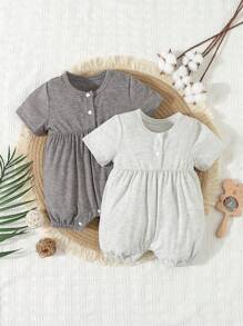 SHEIN Baby Boys' Simple Solid Color Short Sleeve Short Jumpsuit Home Wear - Multicolor - View 1