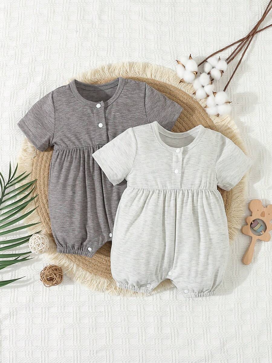 SHEIN Baby Boys' Simple Solid Color Short Sleeve Short Jumpsuit Home Wear - Multicolor - View 1