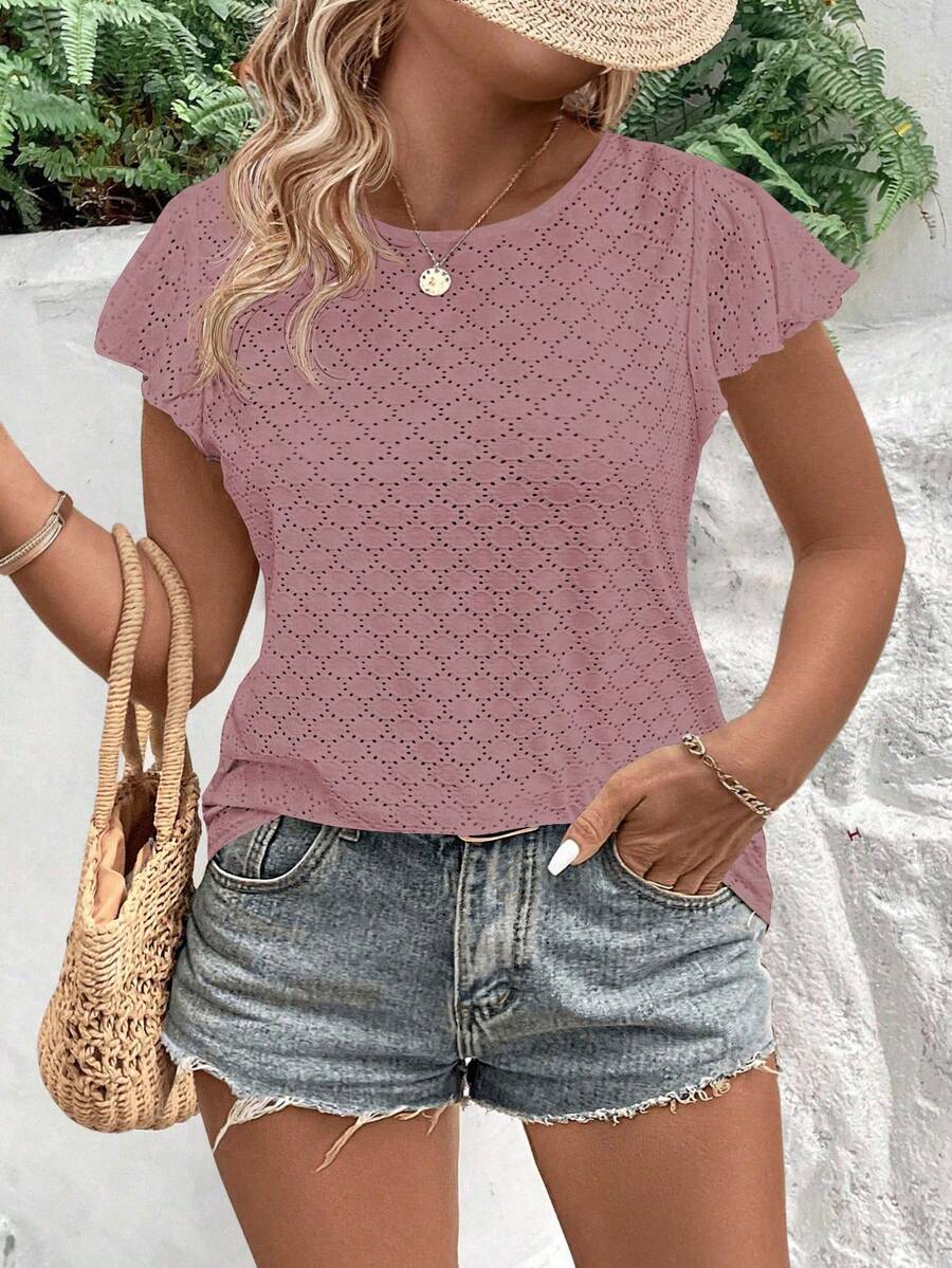 INAWLY Plus Size Vacation & Casual Solid Color Hollow Out Flutter Sleeves T-Shirt - Rusty Rose - View 1