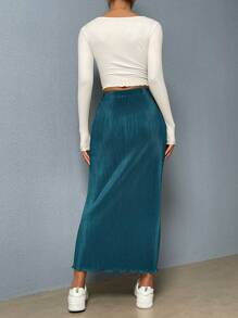 SHEIN Essnce Falda midi casual recta con cintura elástica para mujer con dobladillo plisado y borde con volantes