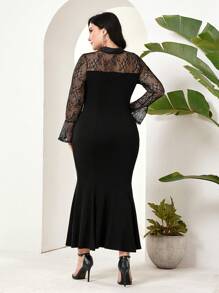 Modelyn Plus Size Spring/Summer Elegant Solid Color Lace Splice Hollow Out Slim Fit Mermaid Dress - Black - View 2