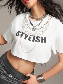 SHEINNeu Của phụ nữ Lá thư & In Dây chuyền Quần skinny Áo thun - trắng - Xem 6