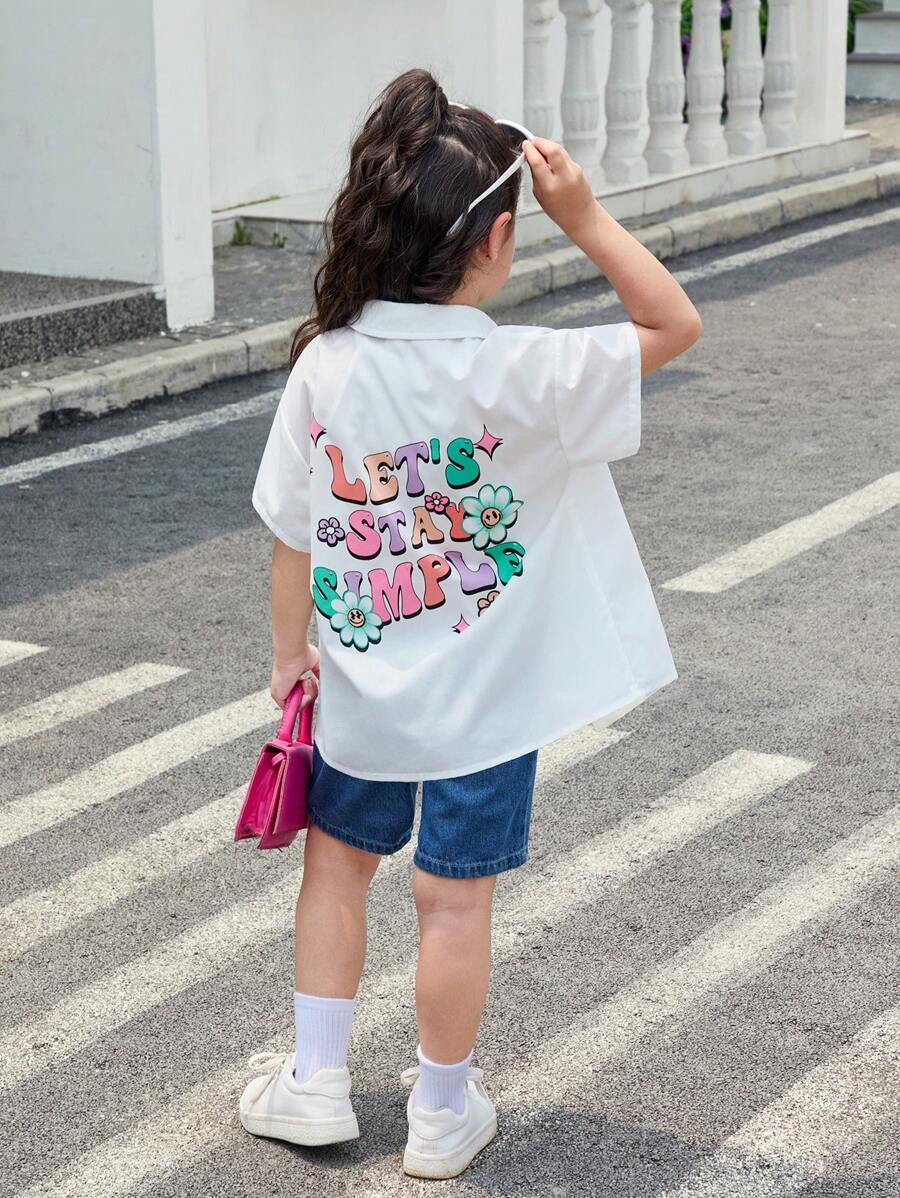SHEIN Young Girl Woven Solid Color Loose Casual Shirt With Letter Pattern - White - View 1
