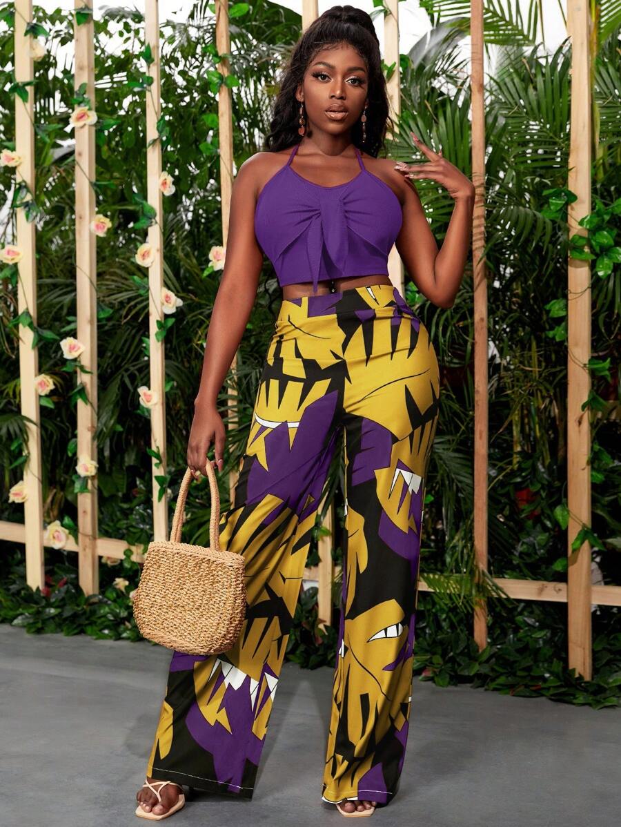 Zolique 女士紫色吊带上衣+印花长裤两件套 - 紫色 - 查看 1