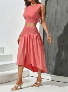 SHEIN Essnce Women Casual And Cool Breathable Hollow Out Mesh Tank Top And Split Skirt Two-Piece Set For Summer