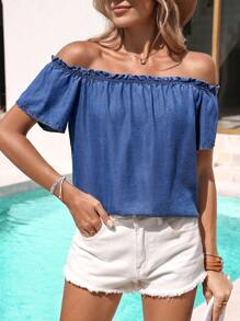 SHEIN VCAY Women's Short Denim Effect Off Shoulder Shirt For Summer Beach Vacation Casual Outfits