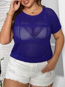 Breezaya Plus Size Women Solid Color Round Neck Perspective Pullover Knit Short Sleeve Top