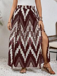 SHEIN Frenchy Vêtements Boho pour femmes de grande taille, Jupe longue d'été fendue avec imprimé géométrique pour les vacances - Rouge - Voir 4