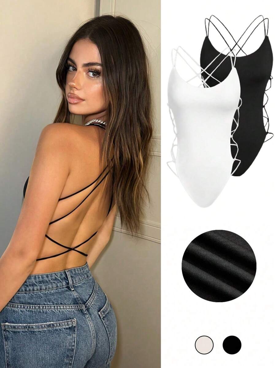 SHEIN BAE 女士十字背帶無背連體衣 - 彩色 - 查看 1