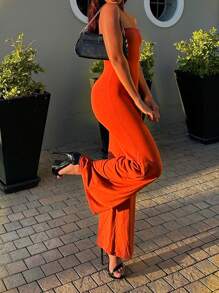 Summer Casual Solid Color Bandeau Wide Leg Jumpsuit Elegant - Rust Brown - View 4