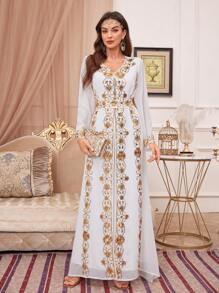 Ladies' Long Sleeve 2 In 1 Beaded Robe Dress - White - View 1