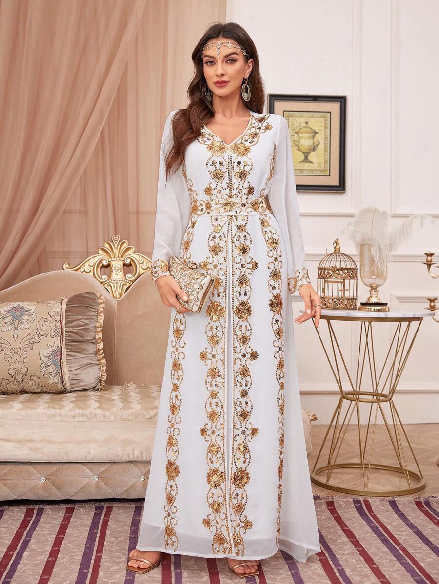 Ladies' Long Sleeve 2 In 1 Beaded Robe Dress - White - View 1