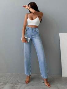 High-Waist Casual Straight Leg Jeans