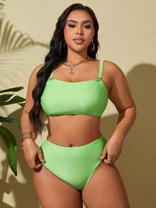 SHEIN Swim Curve 大尺碼純色假期胸罩和泳衣比基尼套裝 - 綠色 - 查看 5