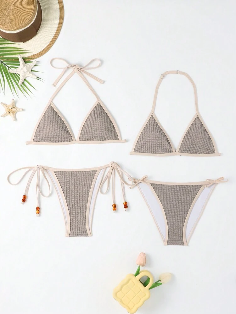 2pcs Solid Color Sexy Halter Triangle Pattern Top And Plain Beading Detail Swim Trunks/Bikini Set, Mommy And Me Matching Outfits(2 Sets Are Sold Separately), Summer Beach