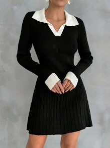 EURMUSE Solid Ribbed Knit Dress - Black and White - View 5