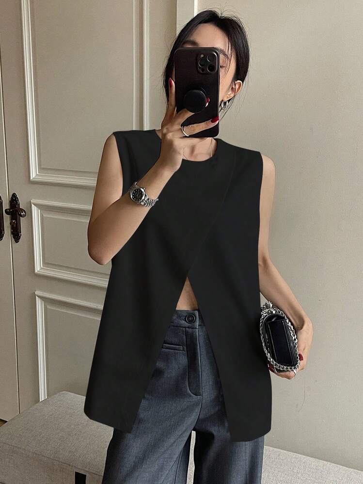 【新品タグ付】ENFOLD リネンライクトップス ノースリーブ チュニック M黒 ENFOLD - 【美品】 ENFOLD / エンフォルド | PEジョーゼット アシンメ