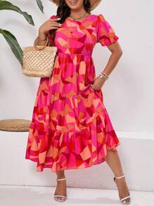 SHEIN Clasi Plus Size Boho Color Block Patchwork Pattern Swing Dress For Vacation & Leisure Women Outfit, For Summer - Multicolor - View 6