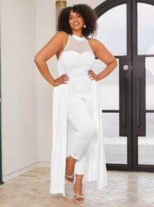 SHEIN Lady Plus Size Women Fashion Solid Color Halter Neck Jumpsuit - White - View 3