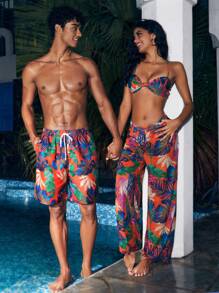 Manfinity Men Vacation Leisure Plant Printed Swim Trunks For Pool And Beach
