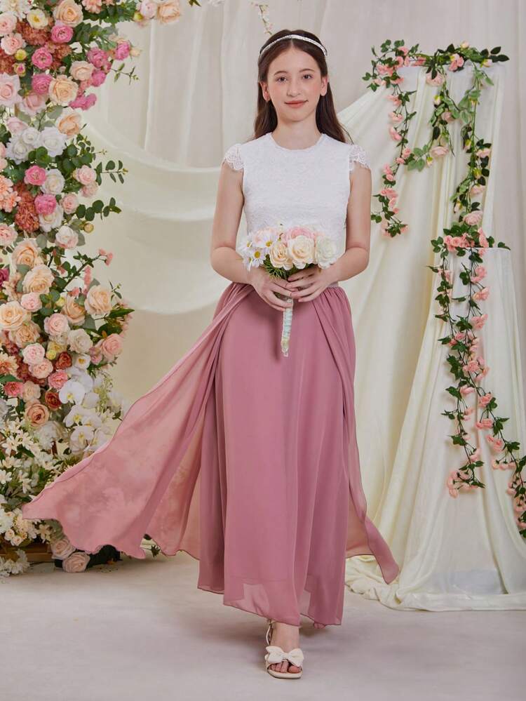 Teenage Girls' Elegant Wedding Chiffon Lace Cropped Top And Long Skirt Set, Spring/Summer