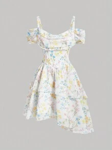 SHEIN MOD Romantic V-Neck Leaf & Flower Print Summer Holiday Dress With Open Shoulder, Multi-Layered And Asymmetrical Hem