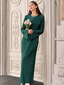 EURMUSE Robe décontractée pour femme en couleur unie à manches cloche et col rond - Militaire verte - Voir 2