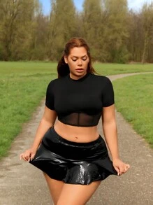SHEIN SXY Conjunto de 2 piezas talla grande con empalme de malla y PU, sexy para festivales de música