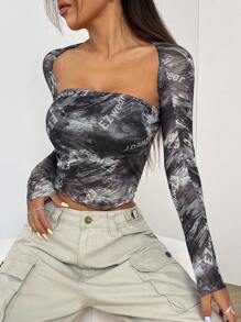 SHEIN EZwear Áo lưới có in hình xà lách Allover - Đen và trắng - Xem 4