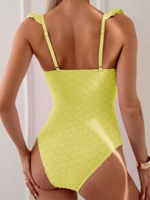 SHEIN Swim 夏季沙灘女士假日純色接縫荷葉邊前打結時尚一片式泳衣 - 黃色 - 查看 2
