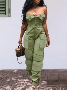 女式纯色纽扣前开襟连体裤休闲连身裤 - 軍綠色 - 查看 5