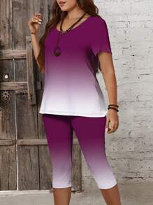 EMERY ROSE Conjunto de 2 piezas de talla grande para mujer que adelgaza, de verano, casual, con camiseta de manga corta y cuello redondo en degradado y leggings - Morado - Ver 6