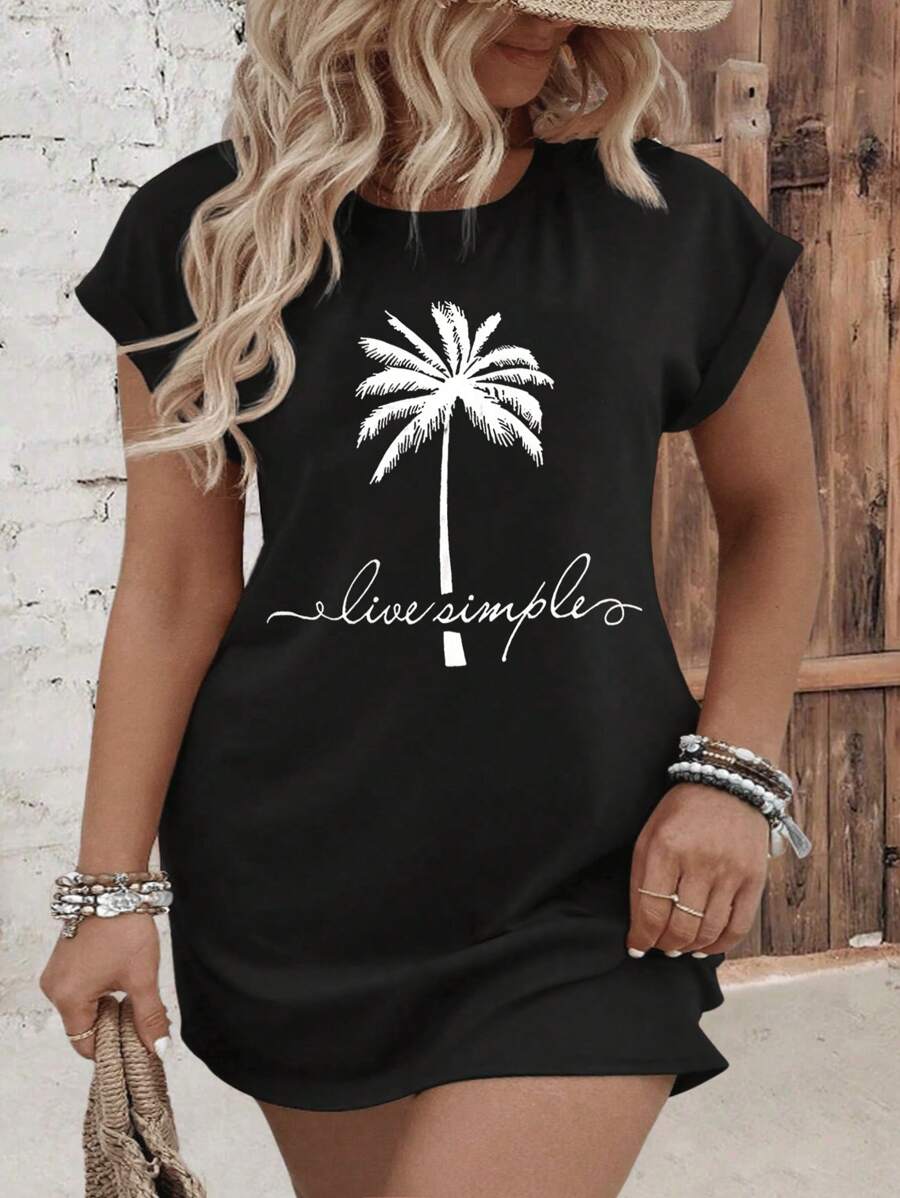 SHEIN LUNE 大尺碼女性夏季棕櫚樹字母印花蝙蝠短袖休閒連衣裙 - 黑色 - 查看 1