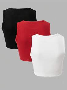 Cottnline 3-Pack / Women's Ribbed Solid Crop Tank Top - Multicolor - View 2