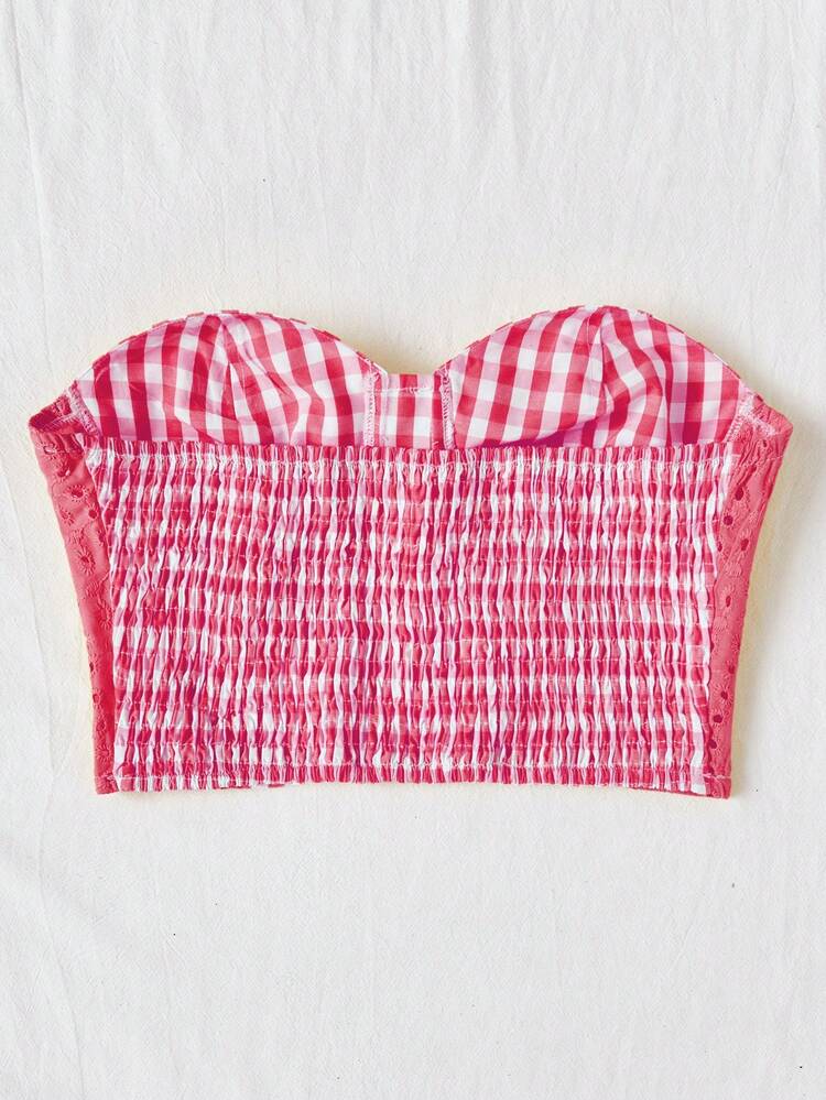 Women Vacation Style Contrast Plaid Eyelet Embroidered Texture Material Romantic Rural Tube Top